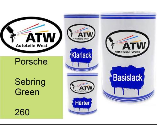 Porsche, Sebring Green, 260: 500ml Lackdose + 500ml Klarlack + 250ml Härter - Set, von ATW Autoteile West.